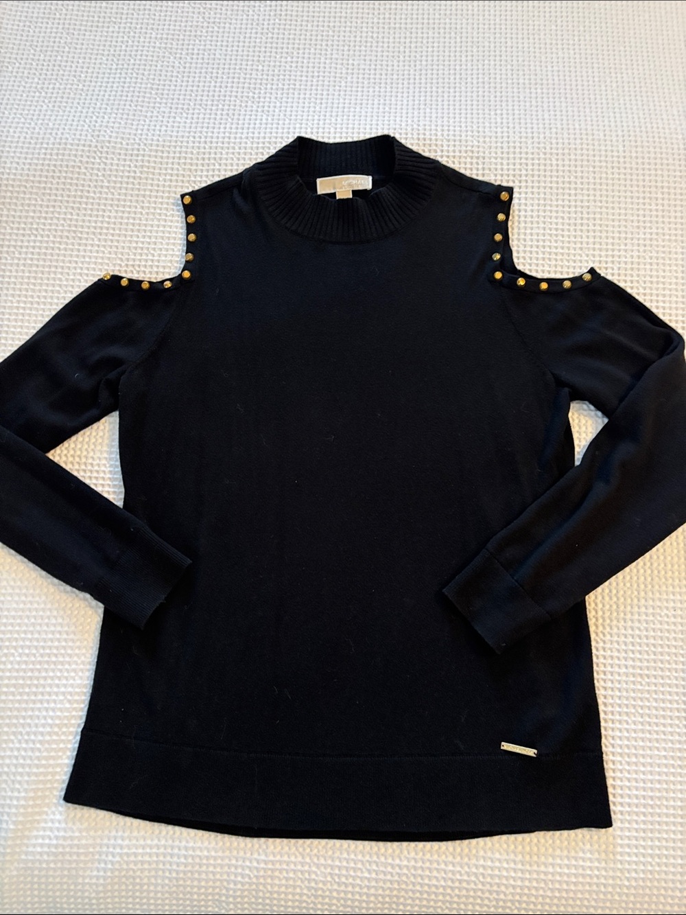Michael Kors Black Cold Shoulder Sweater with Gold Studs